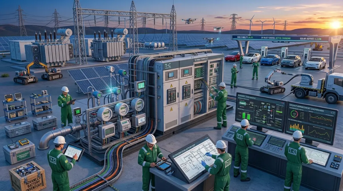Electrical infrastructure engineers at a substation control area